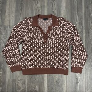 Adrianna Papell Brown and White Patterned Polo Sweater with Button Details